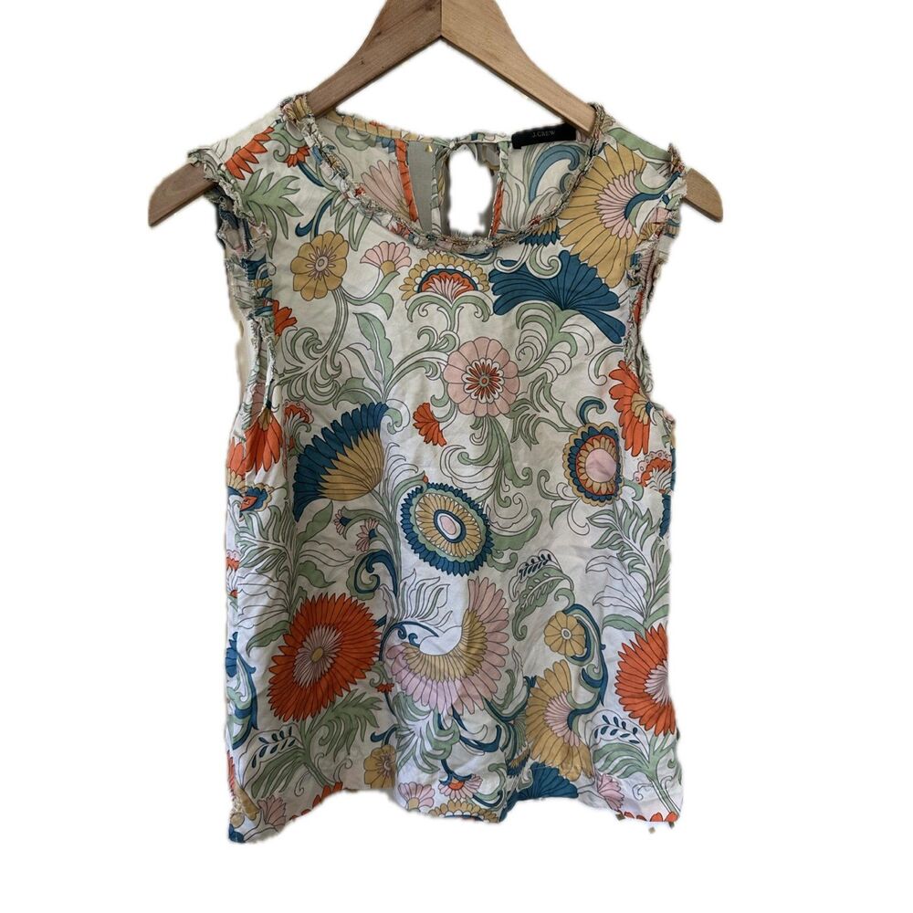 J. Crew Women's 100% Silk Paisley Floral Mini Ruffle Sleeveless Flowy Blouse XS